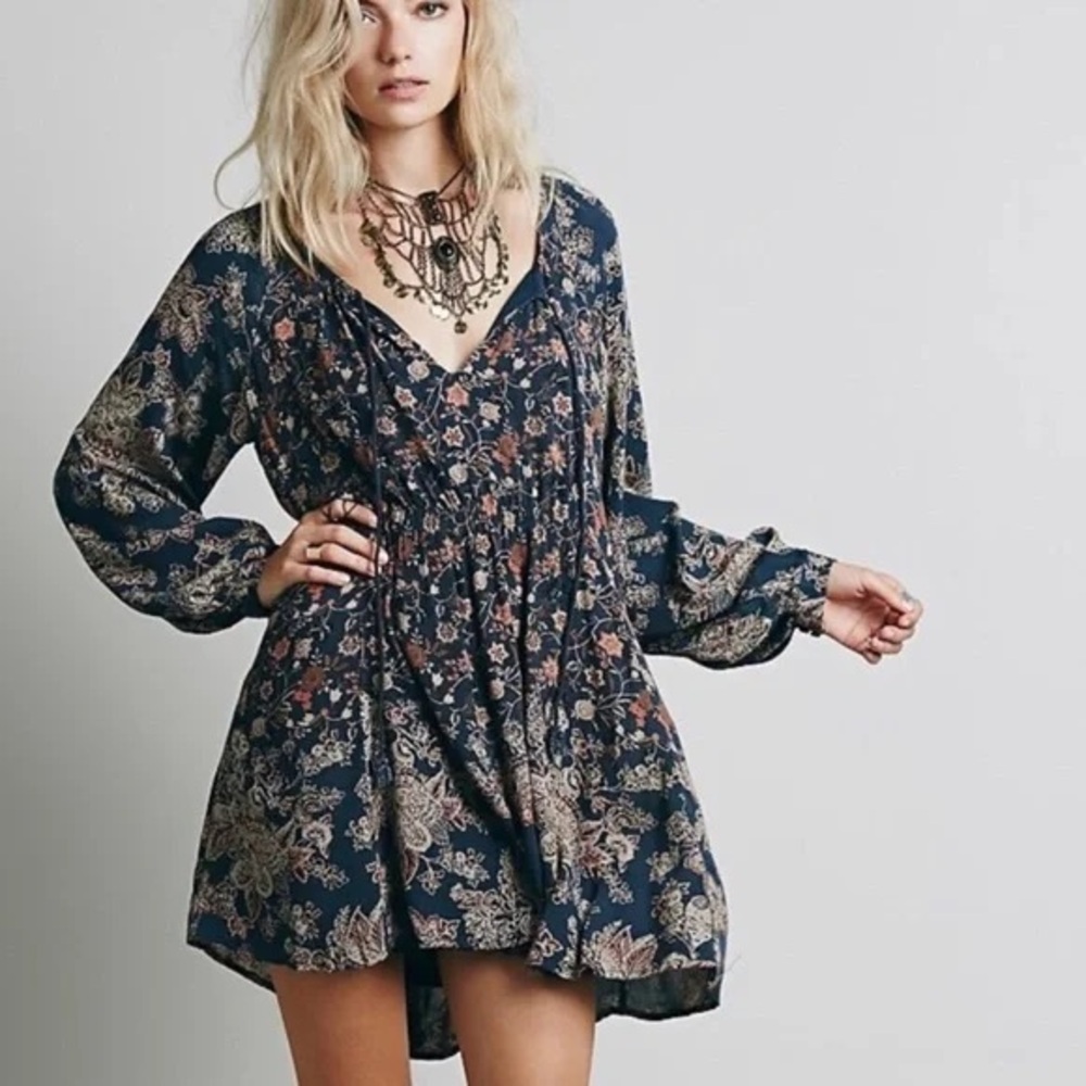 Free People Lucky Loosey Swingy Tunic Dress in Indigo Boho Hippie Summer Vibes